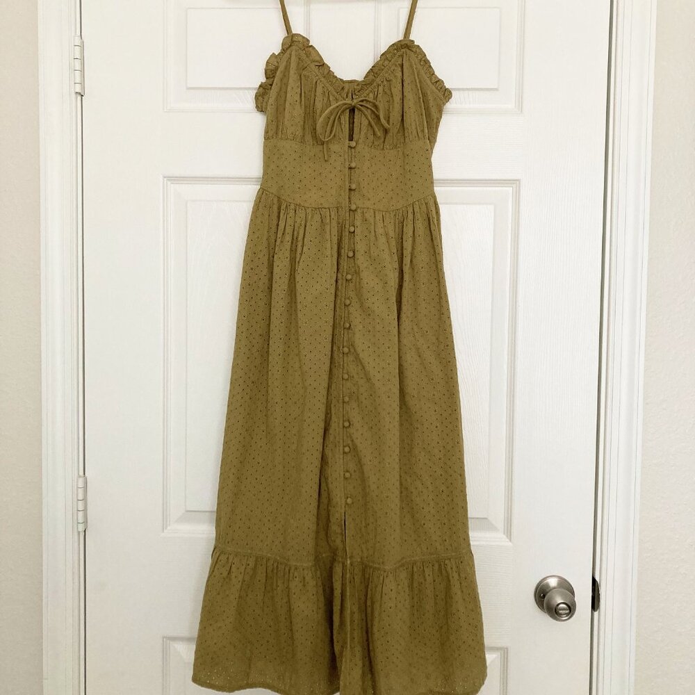 Miss Selfridge Cotton Eyelet Mini Dress in Gold Olive Size S